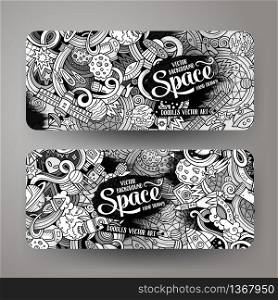 Cartoon cute line art vector hand drawn doodles space corporate identity. 2 horizontal banners design. Templates set. Cartoon cute doodles hand drawn space banners