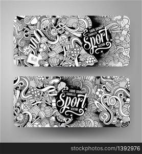 Cartoon cute line art vector hand drawn doodles Sport corporate identity. 2 horizontal banners design. Templates set. Cartoon vector hand drawn doodles Sport banners