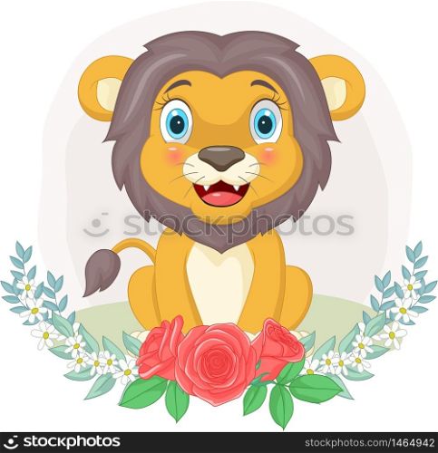 Cartoon cute lion sitting with flowers background