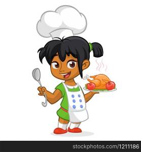 Cartoon cute little arab or afro-american girl in apron serving roasted thanksgiving turkey dish holding a tray and spoon. Vector illustration isolated. Thanksgiving design
