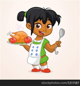 Cartoon cute little arab or afro-american girl in apron serving roasted thanksgiving turkey dish holding a tray and spoon. Vector illustration isolated. Thanksgiving design