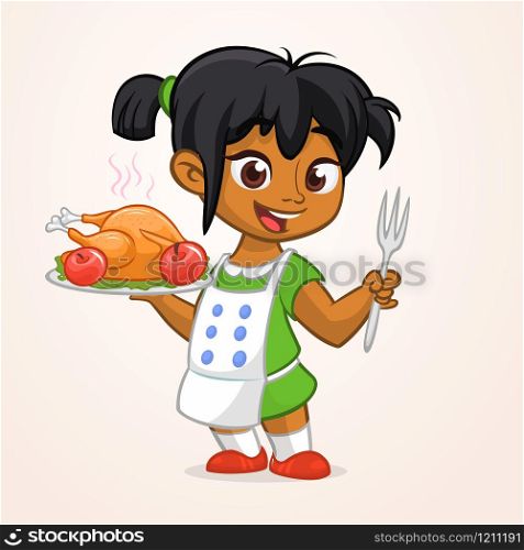 Cartoon cute little arab or afro-american girl in apron serving roasted thanksgiving turkey dish holding a tray and fork. Vector illustration isolated. Thanksgiving design