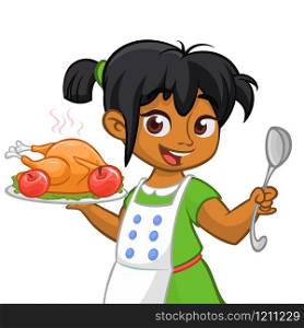 Cartoon cute little arab or afro-american girl in apron serving roasted thanksgiving turkey dish holding a tray and fork. Vector illustration isolated. Thanksgiving design