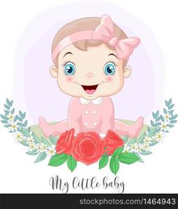 Cartoon cute little baby girl with flowers background