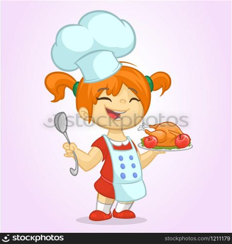 Cartoon cute little blond girl in apron and chef&rsquo;s hat serving roasted thanksgiving turkey dish holding a tray and spoon. Vector illustration isolated. Thanksgiving design