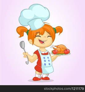 Cartoon cute little blond girl in apron and chef&rsquo;s hat serving roasted thanksgiving turkey dish holding a tray and spoon. Vector illustration isolated. Thanksgiving design