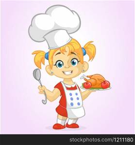 Cartoon cute little blond girl in apron and chef&rsquo;s hat serving roasted thanksgiving turkey dish holding a tray and spoon. Vector illustration isolated. Thanksgiving design