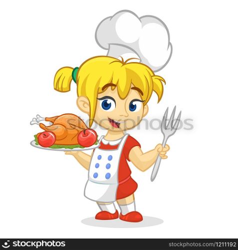 Cartoon cute little blond girl in apron and chef&rsquo;s hat serving roasted thanksgiving turkey dish holding a tray and fork. Vector illustration isolated. Thanksgiving design