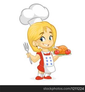 Cartoon cute little blond girl in apron and chef&rsquo;s hat serving roasted thanksgiving turkey dish holding a tray and fork. Vector illustration isolated. Thanksgiving design