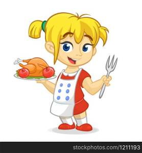 Cartoon cute little blond girl in apron serving roasted thanksgiving turkey dish holding a tray and fork. Vector illustration isolated. Thanksgiving design