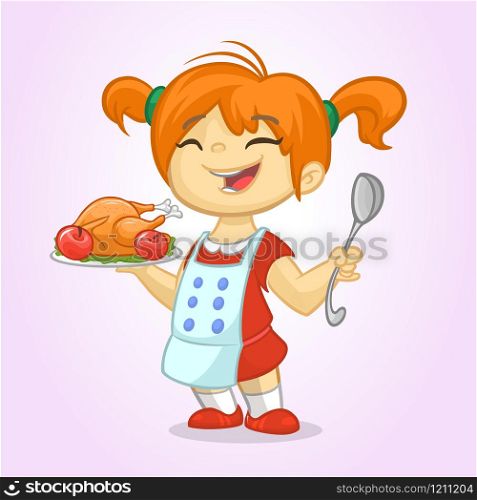Cartoon cute little blond girl in apron serving roasted thanksgiving turkey dish holding a tray and spoon. Vector illustration isolated. Thanksgiving design