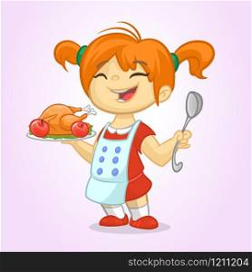 Cartoon cute little blond girl in apron serving roasted thanksgiving turkey dish holding a tray and spoon. Vector illustration isolated. Thanksgiving design