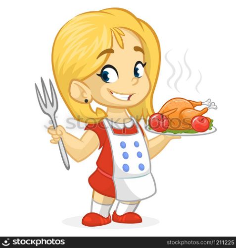 Cartoon cute little blond girl in apron serving roasted thanksgiving turkey dish holding a tray and fork. Vector illustration isolated. Thanksgiving design