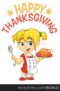 Cartoon cute little blond girl in apron serving roasted thanksgiving turkey. Vector poster illustration isolated. Thanksgiving design