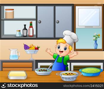 Cartoon cute little boy in apron and chef's hat near dining table