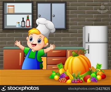 Cartoon cute little boy in apron and chef s hat near dining table 