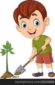 Cartoon cute little boy planting a plant