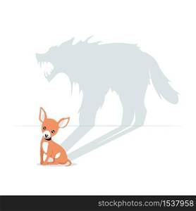 Cartoon cute little dog having horrible beast shadow isolated on white background. Funny domestic animal having angry wolf reflection vector graphic illustration. Concept of dark side of personality. Cartoon cute little dog having horrible beast shadow isolated on white background
