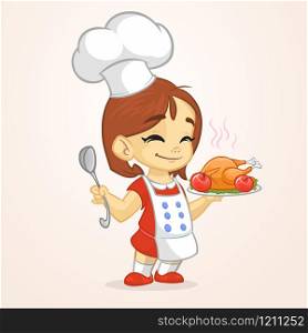 Cartoon cute little girl in apron serving roasted thanksgiving turkey dish holding a tray and spoon. Vector illustration isolated. Thanksgiving design