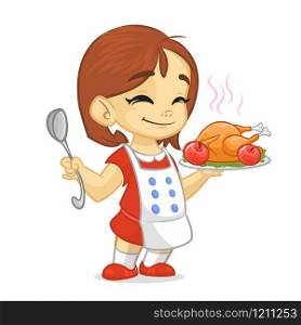 Cartoon cute little girl in apron serving roasted thanksgiving turkey dish holding a tray and spoon. Vector illustration isolated. Thanksgiving design