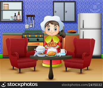 Cartoon cute little girl in chef s hat holding a food 