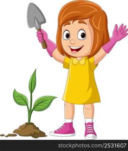 Cartoon cute little girl planting a plant