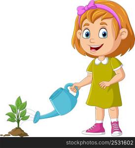 Cartoon cute little girl watering plants
