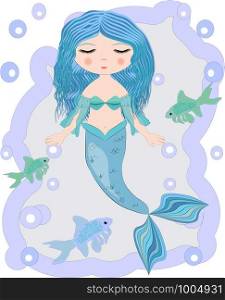 Cartoon, cute little mermaid, sea princess, siren, with blue hair, closed eyes and forked tail. Cartoon beautiful little mermaid in a wreath. Siren. Sea theme.