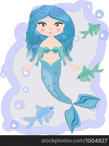 Cartoon, cute little mermaid, sea princess, siren, with blue hair, open eyes and a forked tail. Cartoon beautiful little mermaid in a wreath. Siren. Sea theme.
