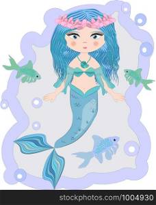 Cartoon, cute little mermaid, sea princess, siren, with blue hair, open eyes and a forked tail. Cartoon beautiful little mermaid in a wreath. Siren. Sea theme.