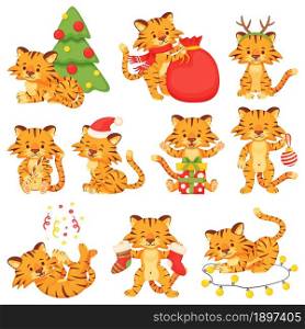 Cartoon cute little tigers, happy tiger cubs. Baby animal characters with xmas tree or gift box celebrating christmas and new year vector set. Wild cheerful feline with festive decoration. Cartoon cute little tigers, happy tiger cubs. Baby animal characters with xmas tree or gift box celebrating christmas and new year vector set