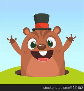Cartoon cute marmot looking out of a burrow. Happy groundhog day. Vector illustration