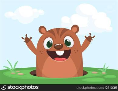 Cartoon cute marmot looking out of a hole. Happy groundhog day. Vector illustration
