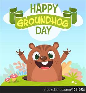 Cartoon cute marmot looking out of a hole. Vector illustration. Party invitation poster or postcard with lettering typography for Happy groundhog day