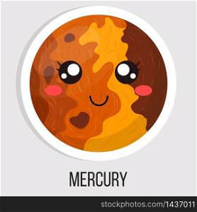 Cartoon cute mercury planet isolated on white background. Planet of solar system. Cartoon style vector illustration for any design.