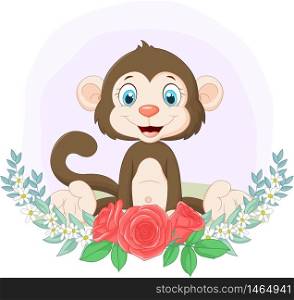 Cartoon cute monkey sitting with flowers background