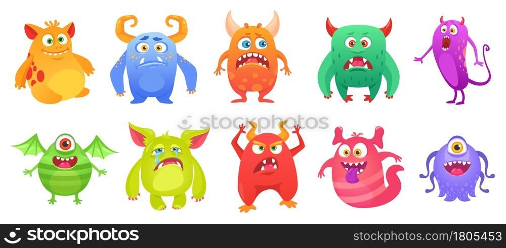 Cartoon cute monster character with funny faces. Quirky monsters, ugly scary troll, friendly alien, or ghost creature mascot vector set. Comic scary colorful beasts with teeth and horns. Cartoon cute monster character with funny faces. Quirky monsters, ugly scary troll, friendly alien, or ghost creature mascot vector set