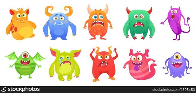 Cartoon cute monster character with funny faces. Quirky monsters, ugly scary troll, friendly alien, or ghost creature mascot vector set. Comic scary colorful beasts with teeth and horns. Cartoon cute monster character with funny faces. Quirky monsters, ugly scary troll, friendly alien, or ghost creature mascot vector set