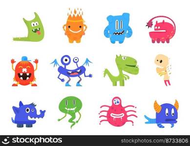 Cartoon cute monsters. Flat monster with crazy smile, silly color isolated kids characters. Funny toys, baby creatures design, decent vector kit. Illustration of character crazy halloween. Cartoon cute monsters. Flat monster with crazy smile, silly color isolated kids characters. Funny toys, baby creatures design, decent vector kit