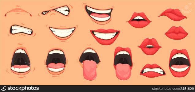 Cartoon cute mouth expressions facial gestures set with pouting lips smiling sticking out tongue isolated vector illustration . Cartoon Mouth Set