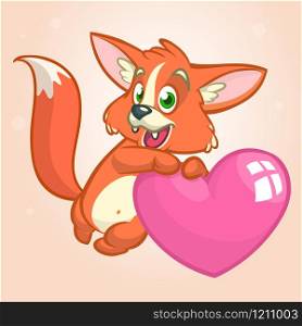 Cartoon cute orange fox in love holding a heart.Vector illustration for St Valentines Day. Isolated