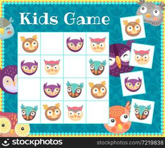Cartoon cute owlets and owls, kids sudoku game or tabletop puzzle, vector. Sudoku board game or child logic puzzle with funny owls birds with big eyes and pattern feathers, riddle game. Kids sudoku game, cartoon cute owl or owlets birds