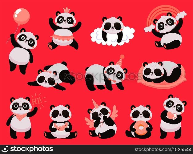 Cartoon cute panda. Little baby pandas, adorable sleeping animals and pink princess panda bear. Chibi mascot character, bamboo pandas expression. Isolated vector illustration icons set. Cartoon cute panda. Little baby pandas, adorable sleeping animals and pink princess panda bear vector illustration set