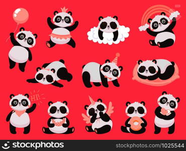 Cartoon cute panda. Little baby pandas, adorable sleeping animals and pink princess panda bear. Chibi mascot character, bamboo pandas expression. Isolated vector illustration icons set. Cartoon cute panda. Little baby pandas, adorable sleeping animals and pink princess panda bear vector illustration set