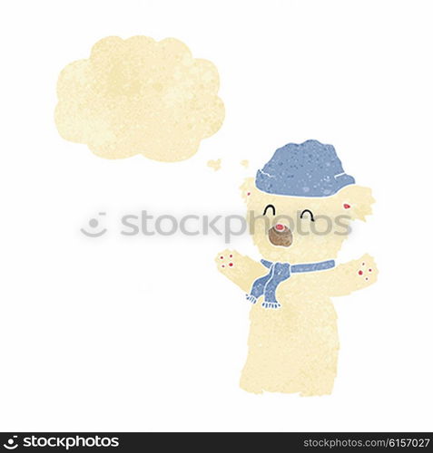 cartoon cute polar bear in hat and scarf with thought bubble