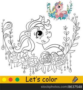 Cartoon cute pretty baby unicorn character with flowers wreath. Coloring book page with colorful template for kids. Vector isolated illustration. For coloring book, print, game, party, design. Cartoon baby unicorn in flowers wreath coloring book page vector
