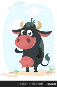 Cartoon cute pretty cow standing and smiling. Vector illustration of a cow icon mascot isolated on white.