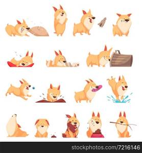 Cartoon cute puppy set of different situations including sleep, eating, howl, walking and pranks isolated vector illustration . Cartoon Cute Puppy Set