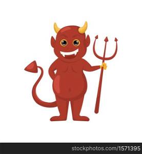 Cartoon cute red devil hell demon with pitchfork. vector illustration for Halloween holiday