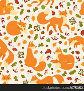Cartoon cute red foxes seamless pattern with forest elements. Funny fox with leaves and berries, wildlife woodland animal vector print texture. Adorable mother with kid, walking character. Cartoon cute red foxes seamless pattern with forest elements. Funny fox with leaves and berries, wildlife woodland animal vector print texture